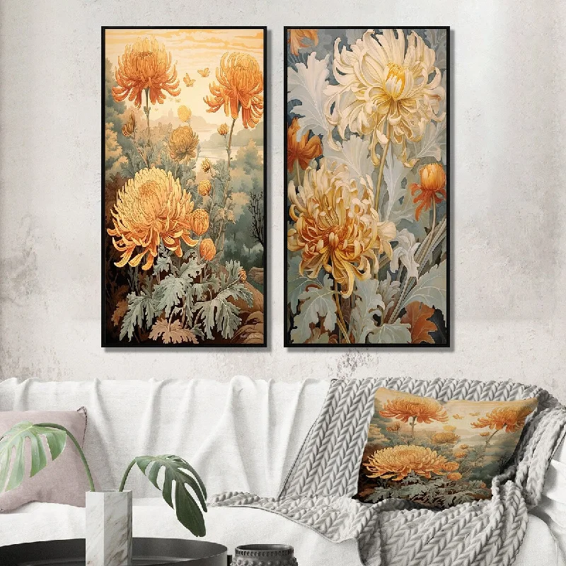 Casual outdoor decorative pillows-Designart "Blooming White Orange Chrysanthemum Retro Art I" Wildflowers Framed Wall Art Set Of 2 For Living Room Decor