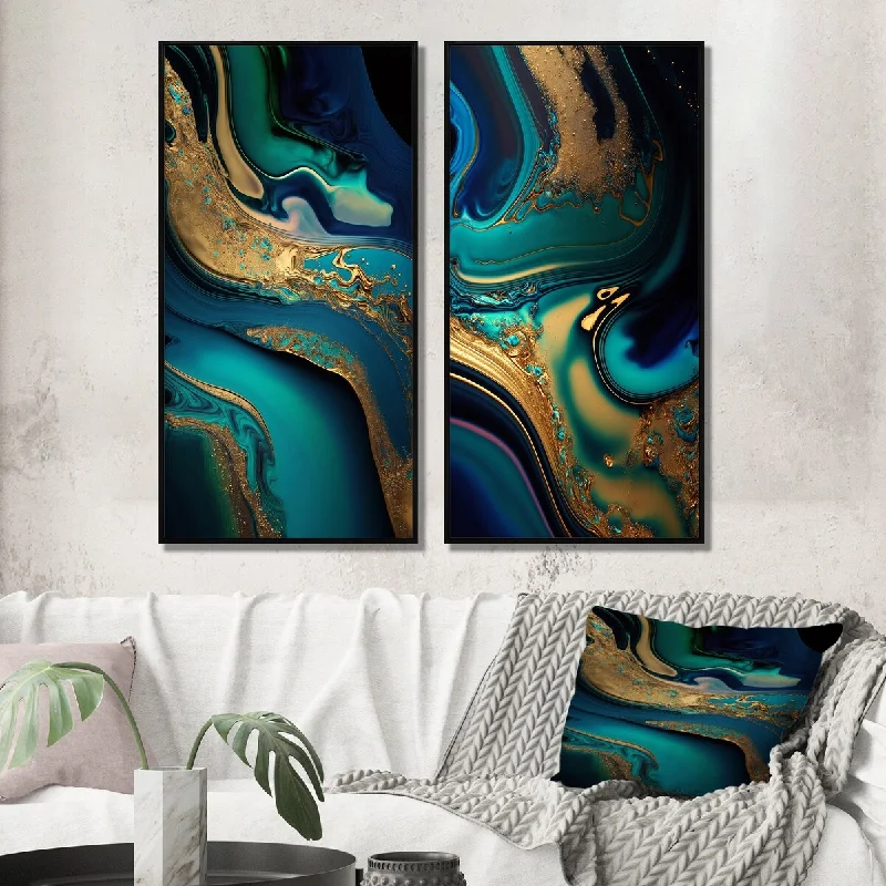 Trendy ceramic vases for flowers-Designart "Blue Dreams Liquid Gold And Turquoise Marble V" Abstract Painting Framed Wall Art Gallery Wall Set Of 2