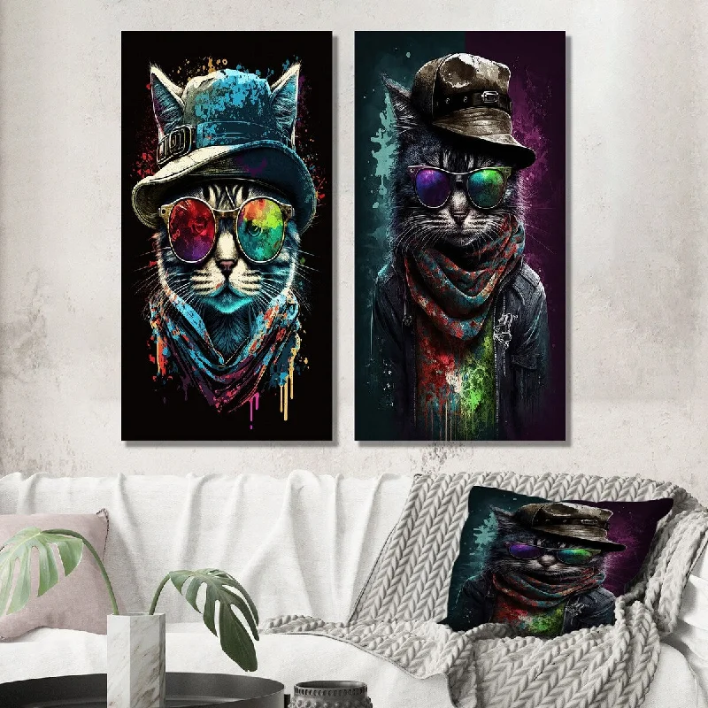 Trendy matte black vases-Designart "Cool Cat With Funky Sunglasses And A Hat I" Animal Wall Art Set of 2 - Children's Art For Office Decor