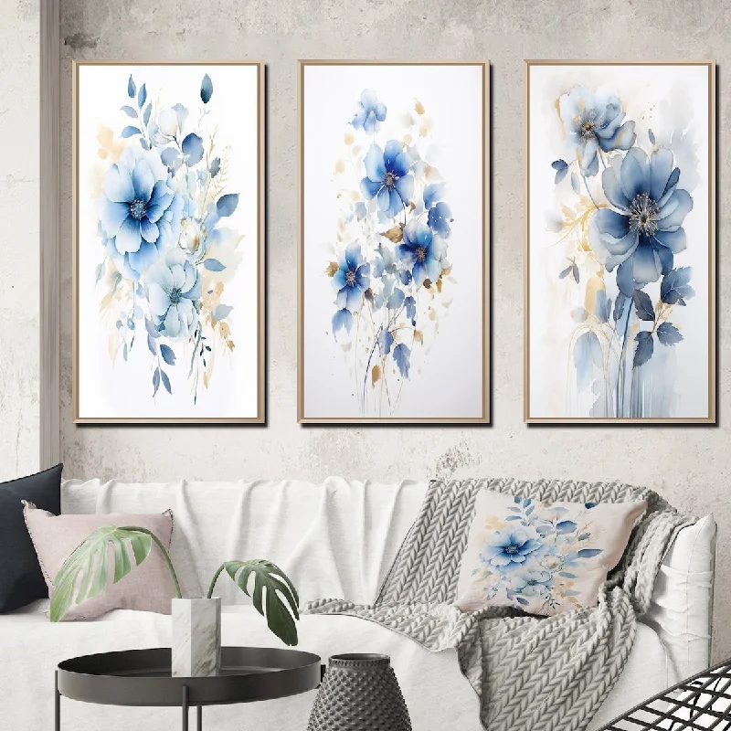 Luxury gold-accented sculptures-Designart "Delicate Blue Ginko Leaves On White Watercolor III" Leaves Frame Gallery Set Of 3 For Office Decor