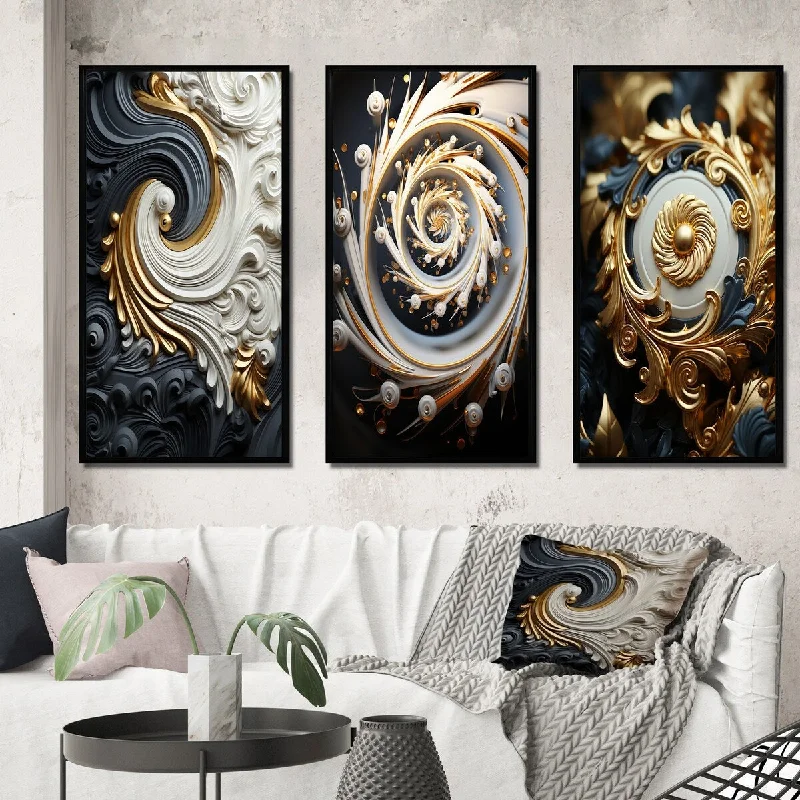 Luxury gold-accented mirrors-Designart "Eflorescence White Gold Liquid Floral Spiral IV" Abstract Spirals Frame Gallery Set Of 3 For Office Decor