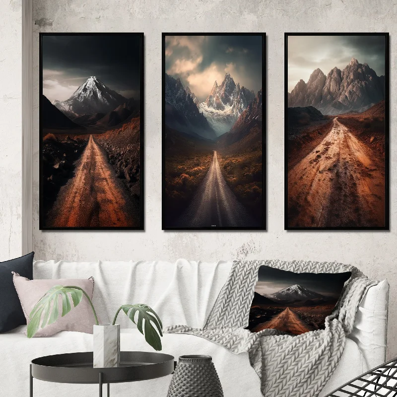 Trendy matte finish sculptures-Designart "Endless Roads To Misty Snow Mountains V" Meadow Framed Wall Art Set Of 3 - Traditional For Office Decor