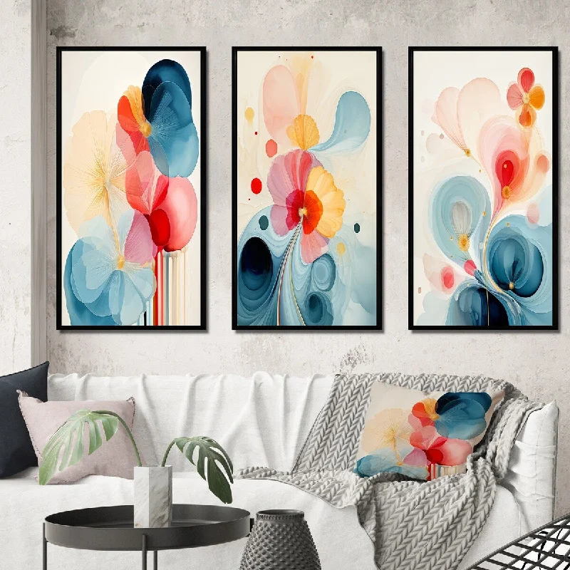 Affordable bamboo table decor-Designart "Energy Of Blossoming Life Retro Minimal Flower IV" Abstract Painting Frame Gallery Set Of 3 For Office Decor