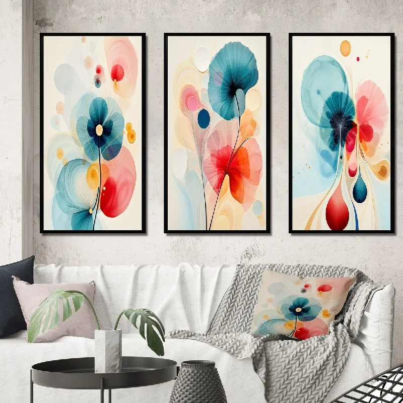 Trendy ombre wall mirrors-Designart "Energy Of Blossoming Life Retro Minimal Flower VI" Abstract Painting Frame Gallery Set Of 3 For Office Decor