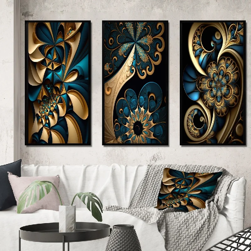 Elegant floral wall mirrors-Designart "Fractal Flower In Retro Gold And Dark Teal II" Fractals Frame Gallery Set Of 3 For Office Decor