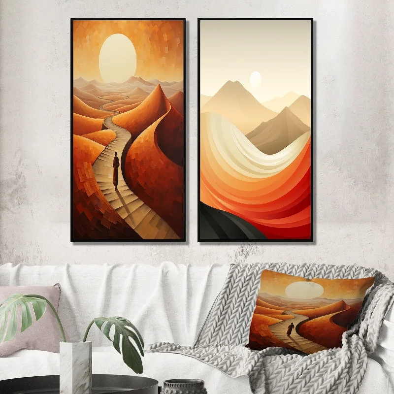 Designer woven wall tapestries-Designart "Full Moon Path Through Eternal Dunes" Desert Framed Wall Art For Bedroom Gallery Wall Set For Home Decor