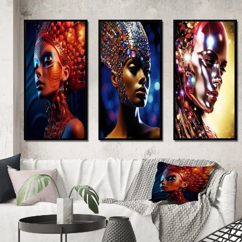 Elegant crystal wall sconces-Designart "Futuristic Glam Portrait Of Gorgeous Woman III" Fashion Woman Frame Gallery Wall Set Of 3 For Home Decor