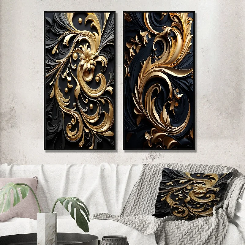 Affordable ceramic wall art-Designart "Golden Ornament Pattern On Black III" Abstract Spirals Framed Wall Art Set Of 2 Wall Art Set Of 2