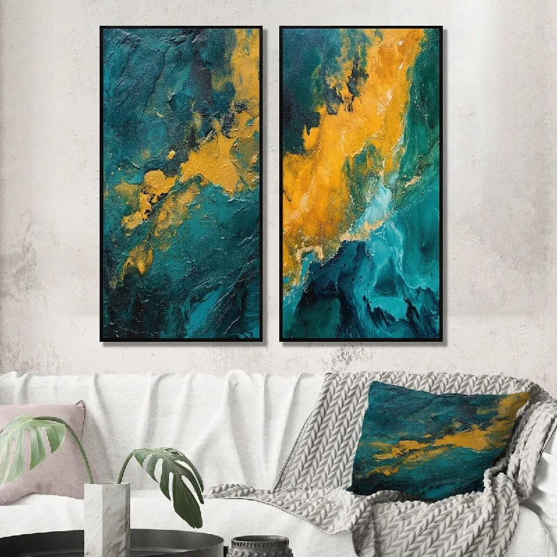 Designer wooden picture frames-Designart "Golden Sunset Over Teal Ocean Abstract Painting II" Abstract Painting Gallery Set Of 2 For Office Decor