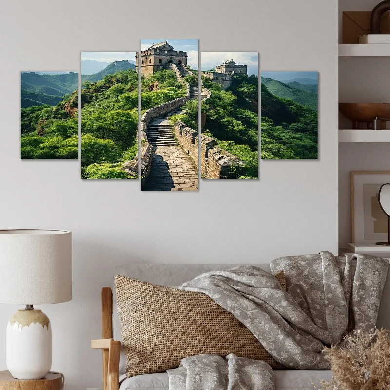 Stylish frosted candle holders-Designart "Great Wall Of China Panorama" Green China Set Of 5 - Traditional Oversized Wall Art Decor For Hallway