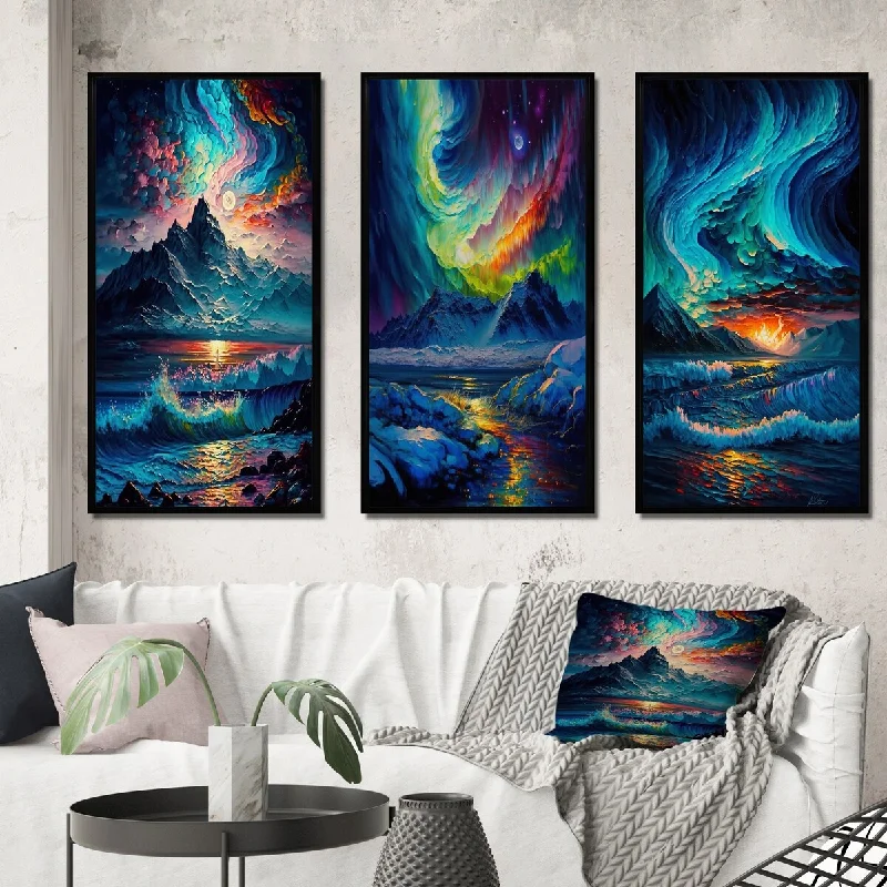 Trendy ceramic vases for flowers-Designart "Mystical Aurora Borealis Arctic Mountains III" Beach Framed Wall Art Set Of 3 - Coastal For Office Decor