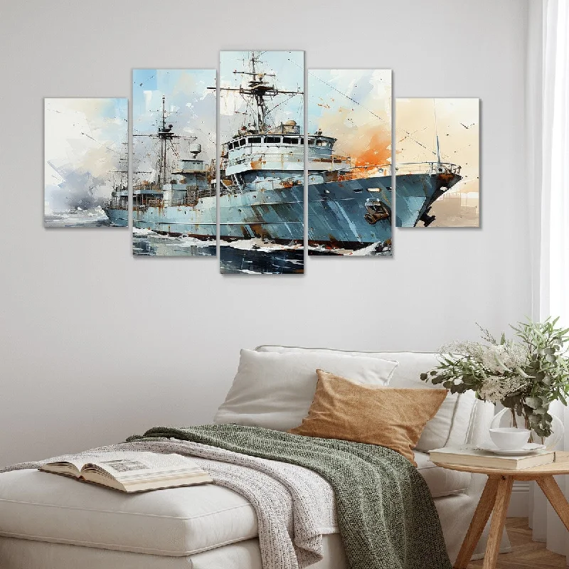 Trendy reusable wall signs-Designart "Navy Army Boat Frigate IV" Grey Military Set Of 5 - Global Oversized Canvas Art For Bedroom Decor