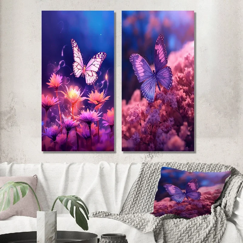 Luxury porcelain wall sculptures-Designart "Pink Butterfly Wonderful Sunset I" Animal Wall Art Set of 2 - Children's Art For Living Room Decor