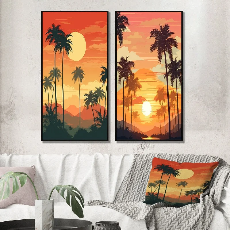 Trendy pastel throw pillows-Designart "Sun Setting over Palm Trees Retro Illustration III" Meadow Wall Art Décor - Traditional Wall Art Set Of 2