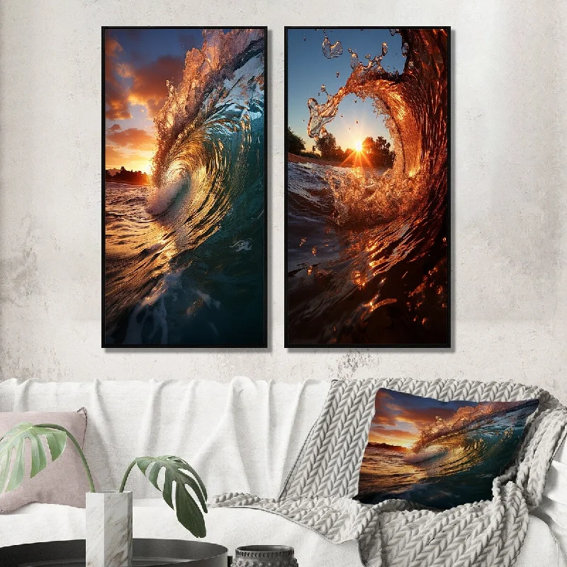 Luxury marble table sculptures-Designart "Sunshine In Breaking Waves Nature Photography II" Coastal Waves Wall Art Décor Gallery Set For Home Decor