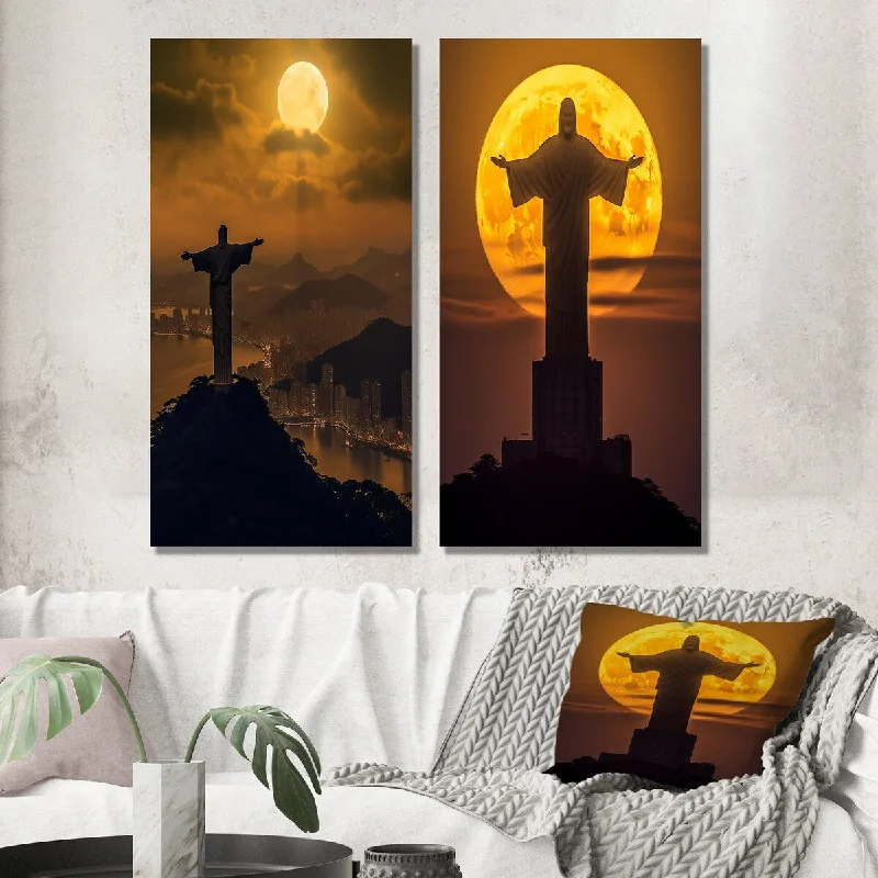 Affordable ceramic wall art-Designart "Supermoon Over Christ the Redeemer In Rio V" Christianism Wall Art Set of 2 - Traditional For Office Decor