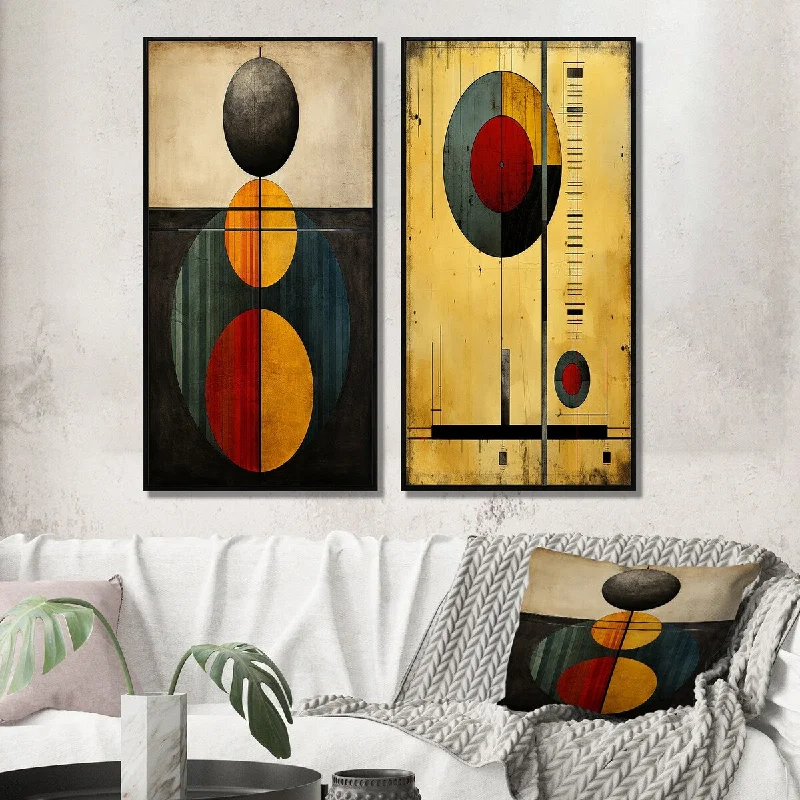 Vintage retro throw rugs-Designart "Unravelling The Mystery Retro Geometric I" Modern Geometric Framed Wall Art Gallery Wall Set For Home Decor