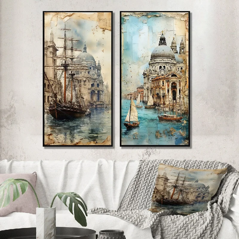 Designer ceramic wall tiles-Designart "Venice Distant Memories Journal Collage VI" Venice Framed Wall Art Set Of 2 Canvas Set For Living Room Decor