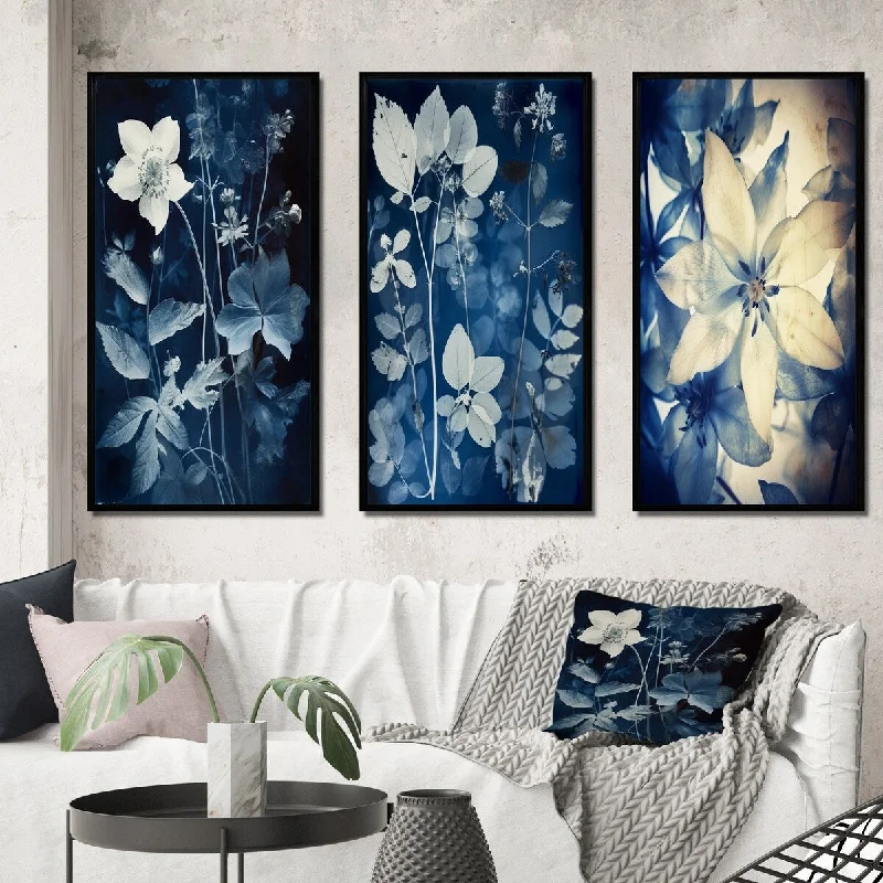 Trendy pastel throw pillows-Designart "Vintage Botanical Autumn Leaves Faded Blue II" Abstract Botanicals Frame Gallery Wall Set Of 3 For Home Decor