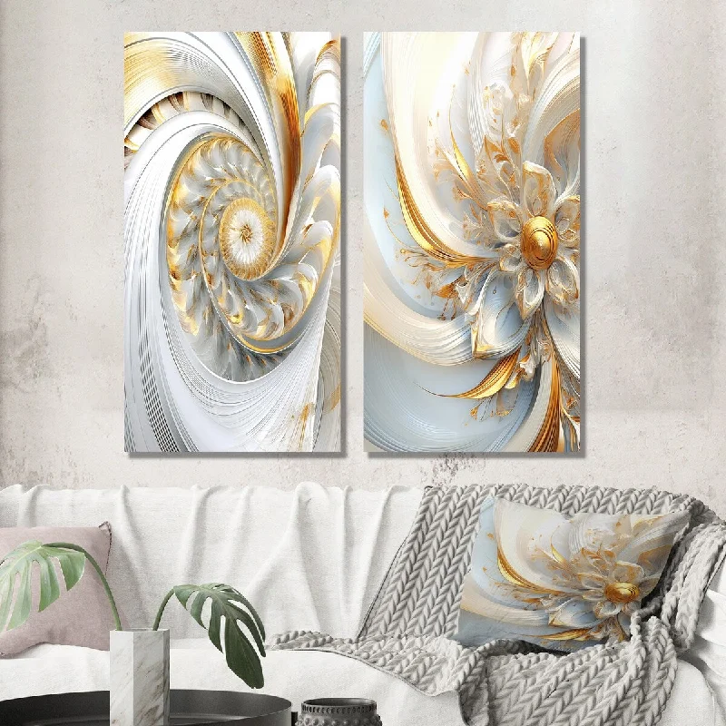 Luxury porcelain flower vases-Designart "Whirling While Glam Fractals In Gold And White IV" Fractals Wall Art Set of 2 Transitional Living Room Decor