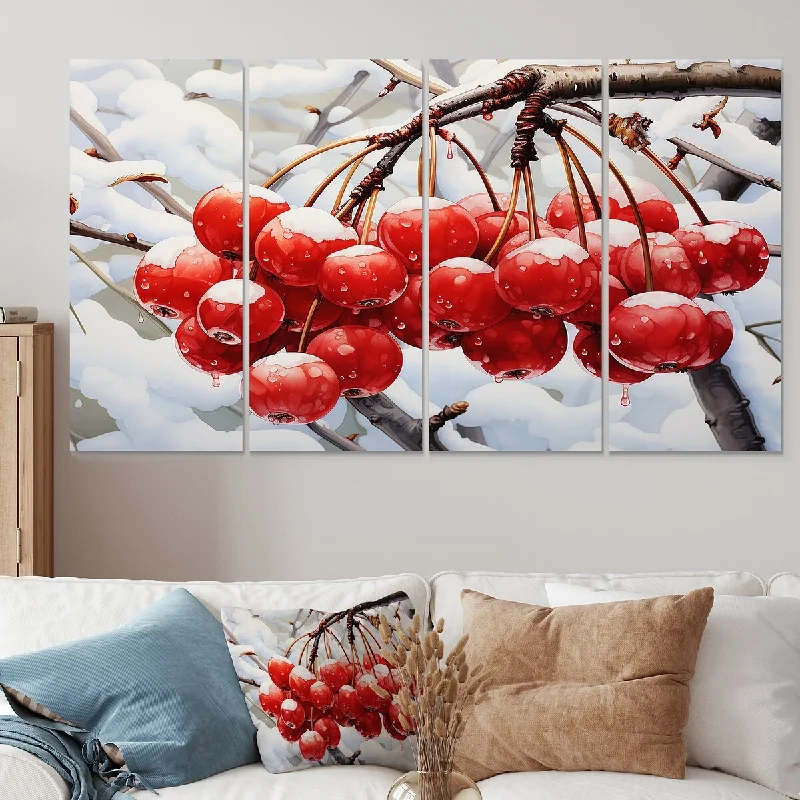 Luxury gold-rimmed mirrors-Designart "Winter Red Cherry Tree" Cherry Extra Large Canvas Set Of 4 - Oversized Traditional Wall Art For Home Decor