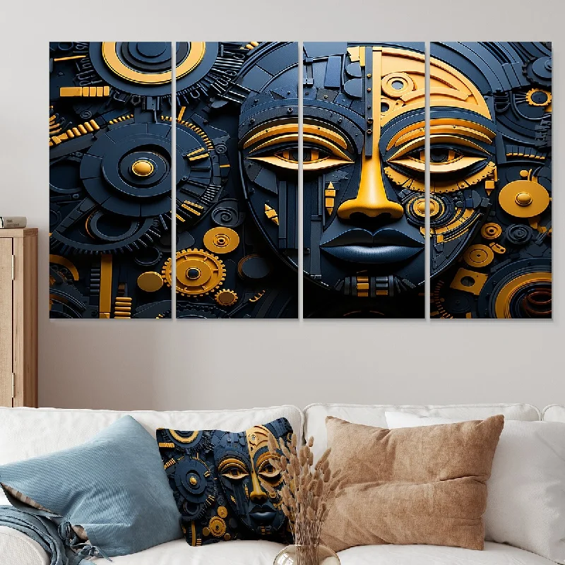 Soft bamboo accent pillows-Designart "Yellow And Blue African Kuba Patterns Mask" African Mask Canvas Set Of 4 - Oversized Global Wall Art