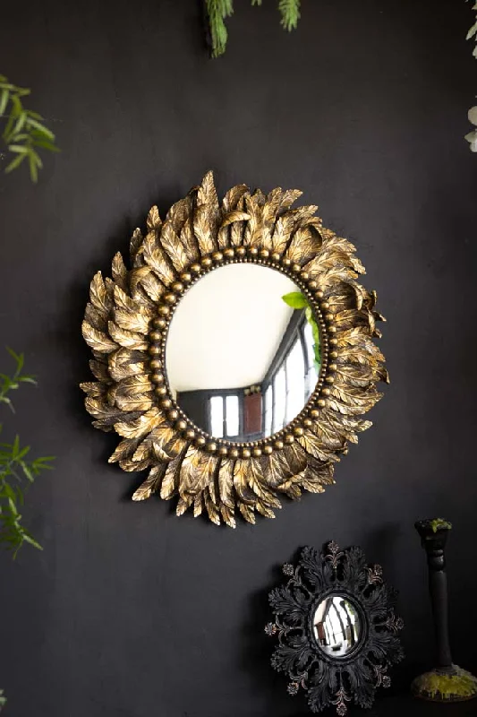 Trendy matte black vases-Golden Feather Round Wall Mirror