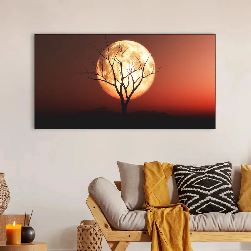 Trendy oversized wall mirrors-Landscape with old tree silhouette against red moonlit sky Canvas Wall Painting for Living Room, Bedroom, Office.