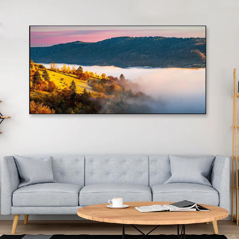 Designer wooden picture frames-Mountains Meet the Mist Landscape Canvas Painting