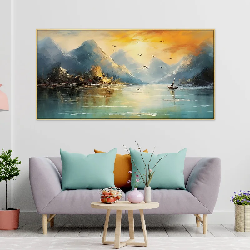 Trendy pastel throw pillows-Rowboat on a Peaceful River Canvas Painting