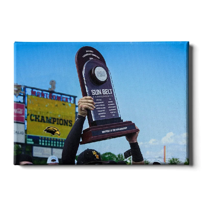 Durable wooden wall shelves-Southern Miss Golden Eagles - Sun Belt Trophy Held High Wall Art