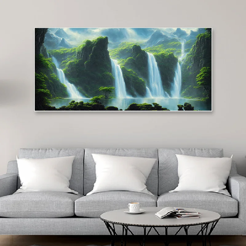 Vintage glass candle holders-Waterfall Cascading Down Lush Green Mountains Canvas Painting