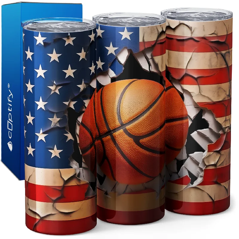 Affordable insulated espresso cups-Basketball American Flag 20oz Skinny Tumbler