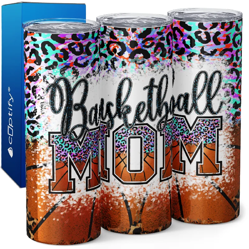 Chic pastel tumblers with lids-Basketball Mom Leopard Print 20oz Skinny Tumbler