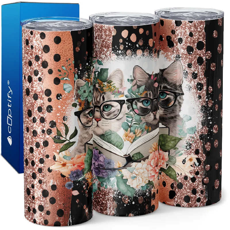 Trendy matte black tumblers-Book Cats with Glasses 20oz Skinny Tumbler