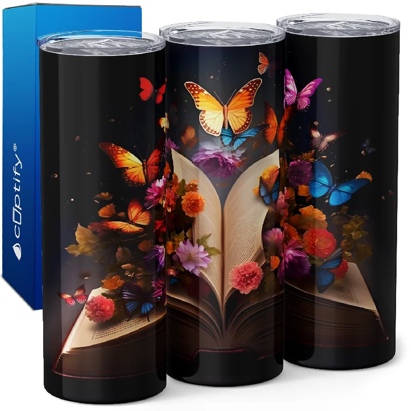 Luxury hand-painted tumblers-Book with Butterfly and Flowers 20oz Skinny Tumbler