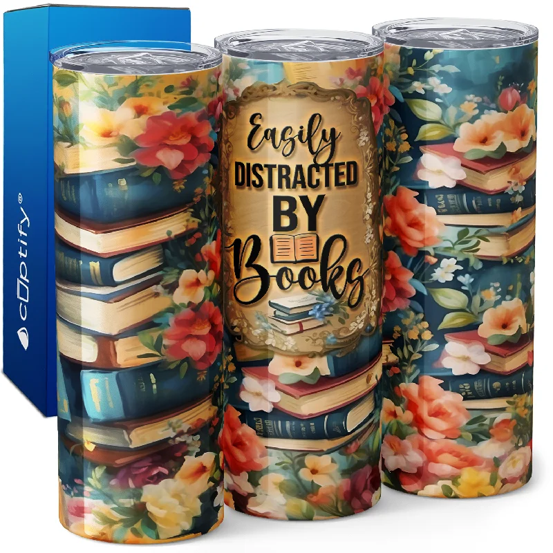 Casual camping coffee mugs-Easily Distracted by Books 20oz Skinny Tumbler