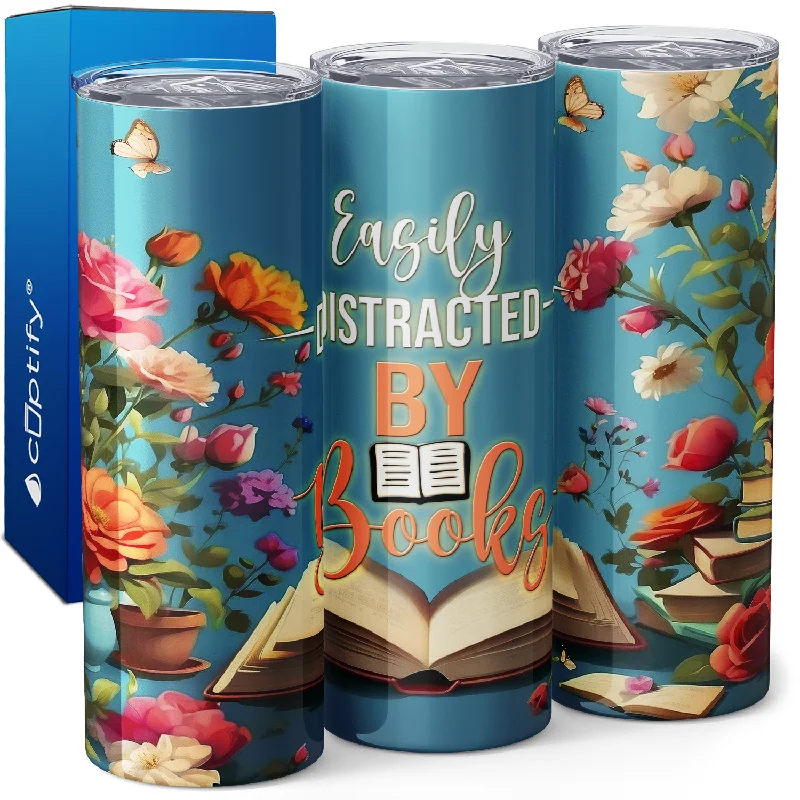 Affordable insulated tea tumblers-Easily Distracted by Books with Flowers 20oz Skinny Tumbler