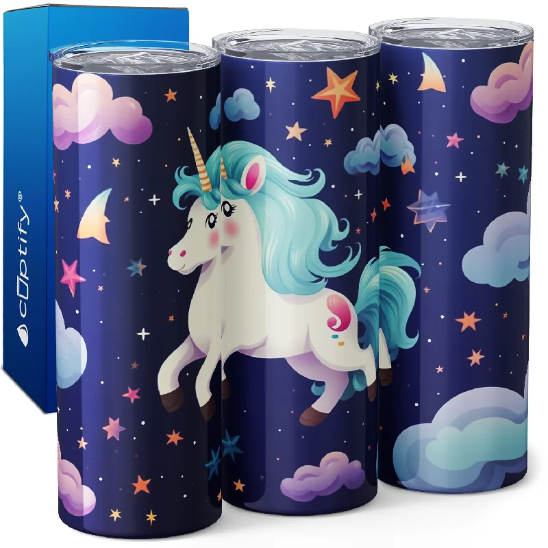 Stylish clear glass coffee cups-Flying Unicorn Blue at Night 20oz Skinny Tumbler