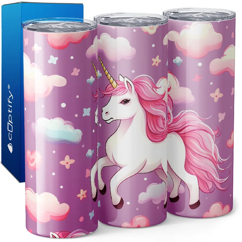 Stylish insulated coffee tumblers-Flying Unicorn Pink on Purple 20oz Skinny Tumbler