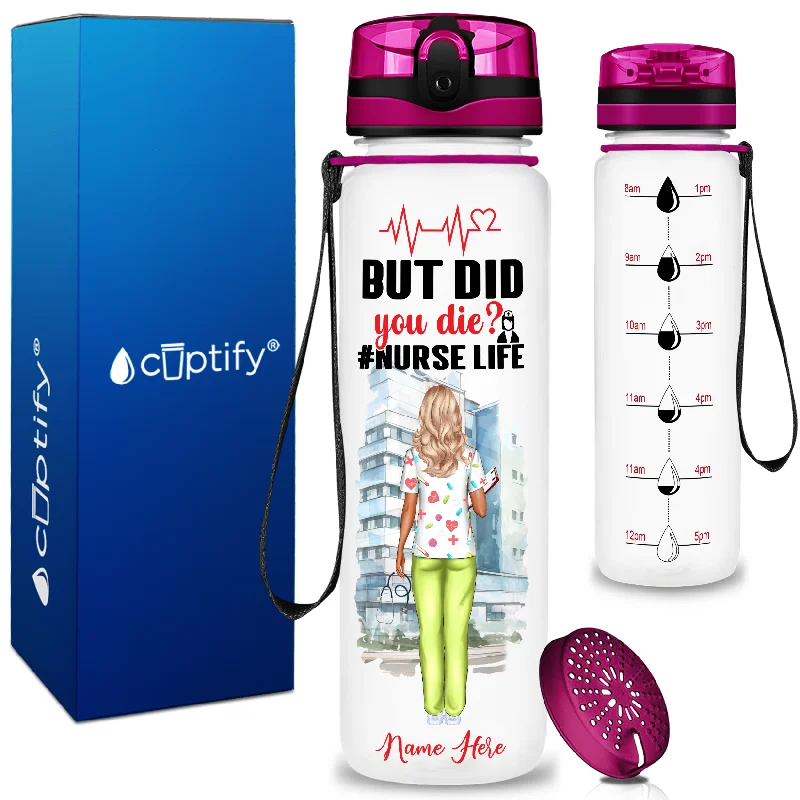 Trendy frosted tumblers with lids-Personalized But Did You Die #NurseLife 32oz Motivational Tritan Tracking Water Bottle