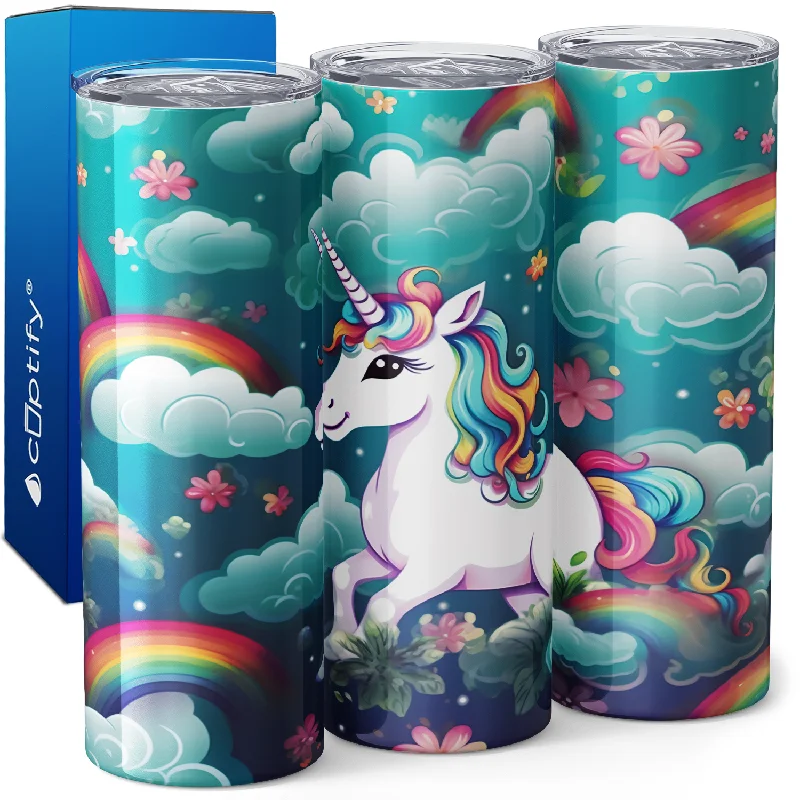 Stylish double-wall coffee cups-Unicorns and Rainbows on Teal 20oz Skinny Tumbler